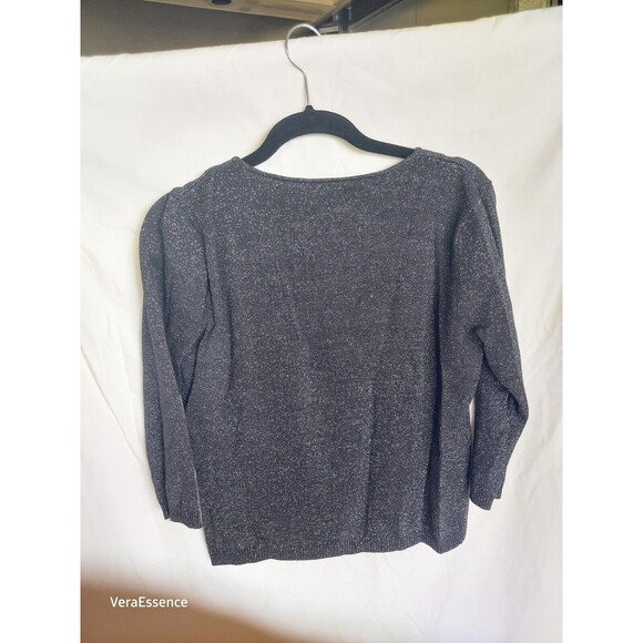 Metro 7 Women's Medium Black Sparkly Metallic L Sleeve V-Neck Knit Sweater - Picture 2 of 4